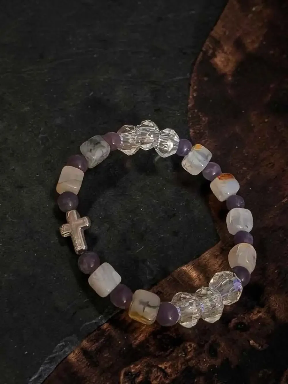 Beaded Cross Bracelet with Amethyst and Clear Quartz